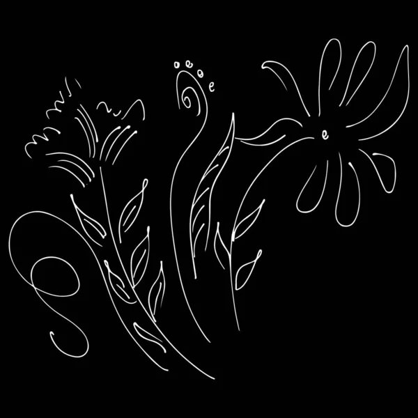 Icoana abstractă a florii sălbatice izolată pe fundal negru. Ilustrație vectorială desenată manual. Linie de artă — Vector de stoc
