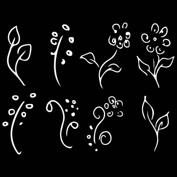 Flowers and branches hand drawn doodle collection isolated on black background. 8 floral graphic elements. Big vector set. Outline set — Stock Vector