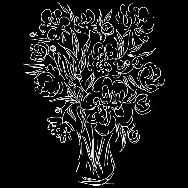 Abstract wild flowers bouquet isolated on black background. Hand drawn vector illustration. Outline icon — Stock Vector