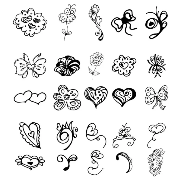 Flowers and hearts hand drawn doodle collection isolated on white background. 25 floral graphic elements. Big vector set. Outline collection — Stock Vector