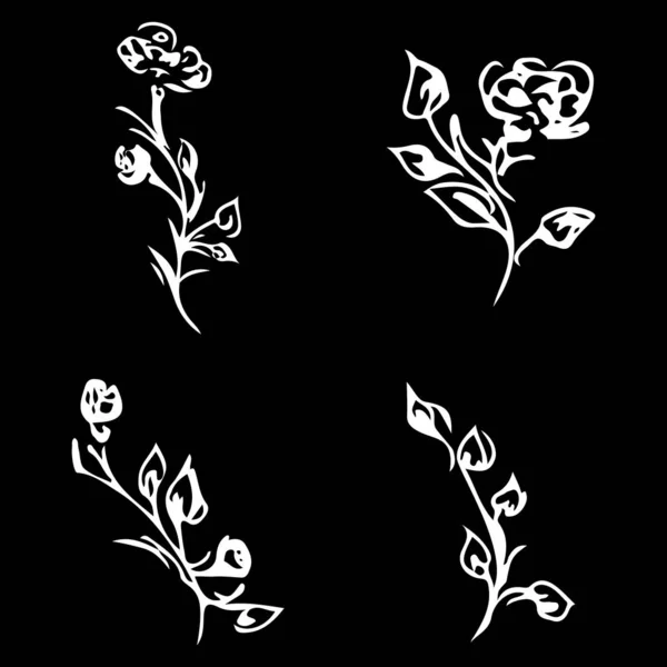 Цветы и ветви изолированы на черном фоне. Коллекция рисованных каракулей. 4 цветочных графических элемента. Большой векторный набор. Набор контуров — стоковый вектор