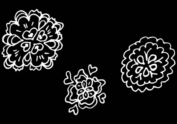 Descrizione astratta fiori selvatici insieme isolato su sfondo nero. Illustrazione vettoriale disegnata a mano. Raccolta di fiori selvatici di tre fiori di contorno . — Vettoriale Stock