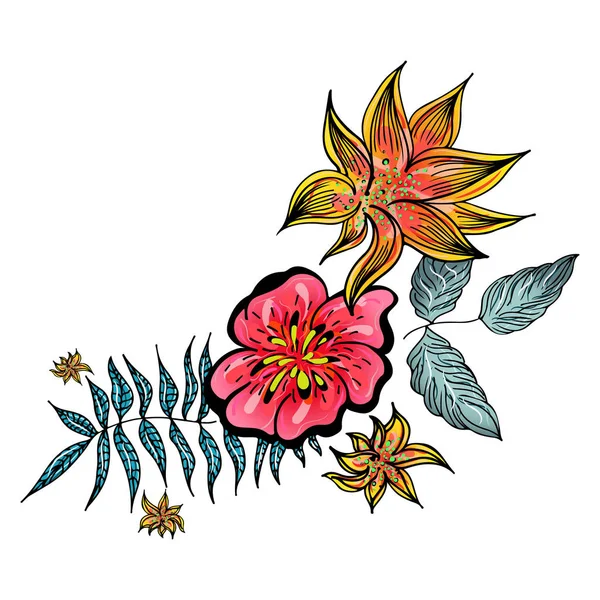 Ensemble de fleurs tropicales colorées d'été. Fleur botanique florale isolée sur fond noir. Collection vectorielle dessinée à la main. Nature botanique hawaïenne. Icône de palmier tropical. Illustration hawaïenne — Image vectorielle