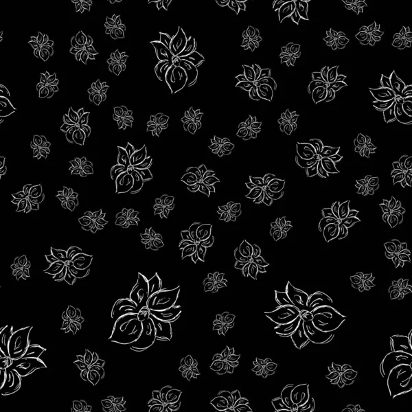 Patrón dibujado a mano sin costuras de flores de rosa abstractas aisladas sobre fondo negro. Ilustración floral vectorial. Esquema de patrón floral sin costura. Esquema — Vector de stock