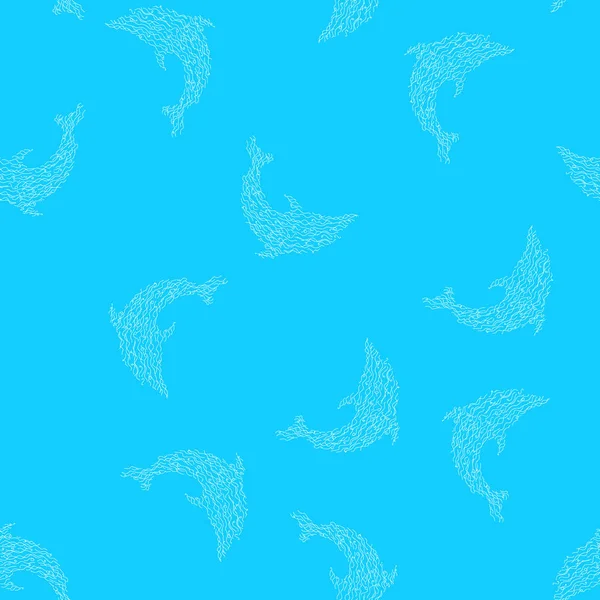 Seamless pattern of dolphins isolated on blue background. Hand drawn seamless illustration. Outline — Stock Vector