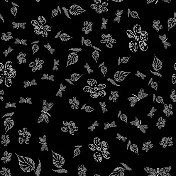 Libélula patrón sin costuras dibujado a mano con flores para el diseño de papel pintado. Tarjeta retro abstracta con libélula negra flores de mano sin costura sobre fondo negro. Patrón floral vintage — Vector de stock