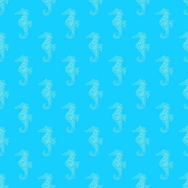 Pola mulus kuda laut terisolasi di latar belakang biru. Ilustrasi tanpa jahit dengan tangan. Garis luar - Stok Vektor