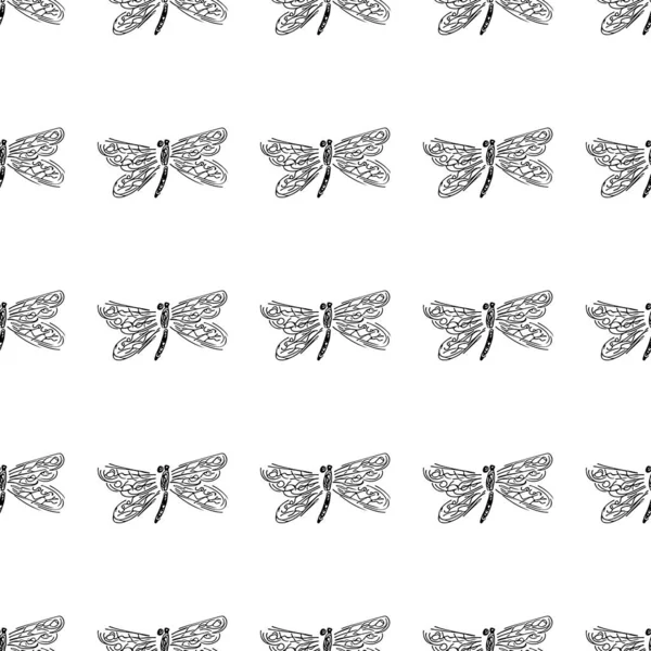 Dragonfly seamless hand outline. Pattern with dragonfly seamless hand outline isolated on white background — Stock Vector