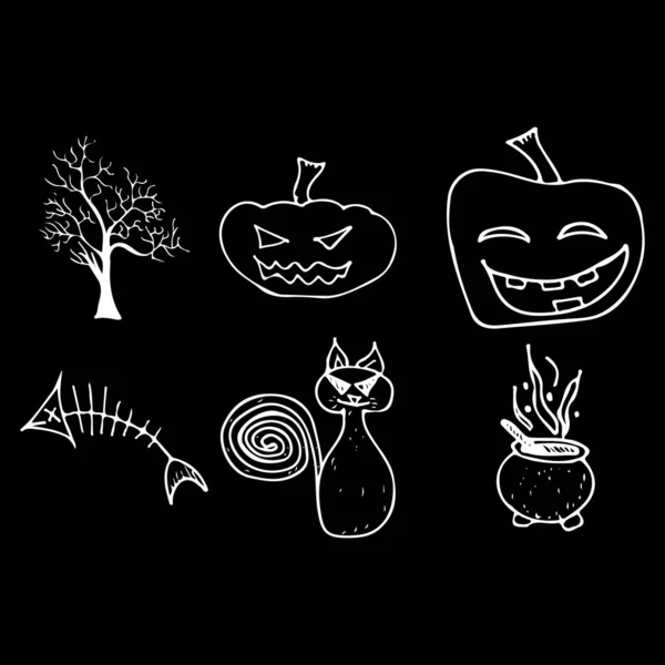 Halloween doodle set geïsoleerd op zwarte achtergrond. Cartoon set met zwarte Halloween doodle elementen. Outline symbool collectie. Handgetekende schets tovenaar collectie — Stockvector