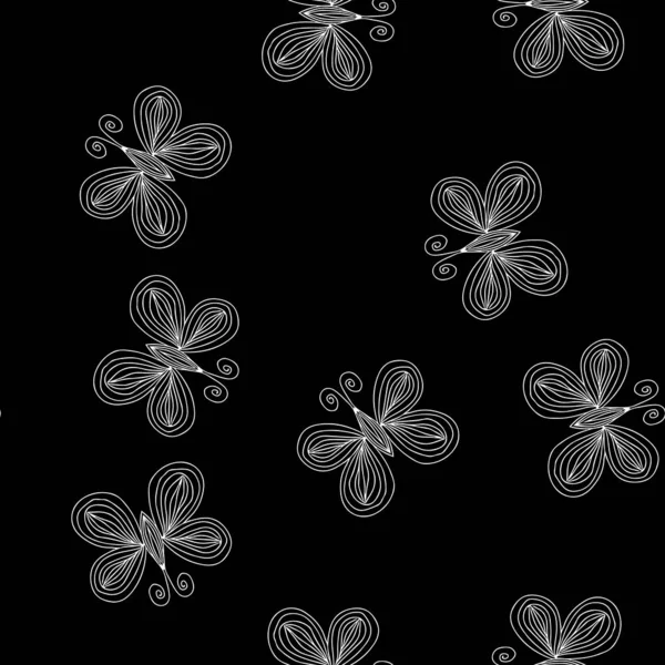 Padrão sem costura de borboletas isoladas em fundo preto. Ilustração vetorial desenhada à mão. Esboço —  Vetores de Stock