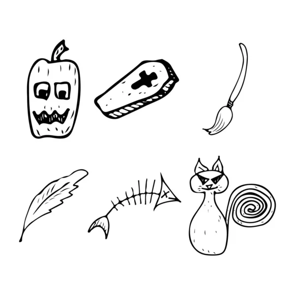 Halloween doodle set geïsoleerd op witte achtergrond. Cartoon set met zwarte Halloween doodle elementen. Outline symbool collectie. Handgetekende schets tovenaar collectie — Stockvector