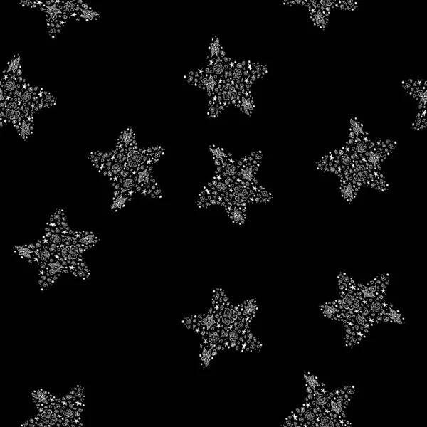 Nahtloses Muster abstrakter Seesterne auf schwarzem Hintergrund. handgezeichnete nahtlose Illustration. Umriss — Stockvektor