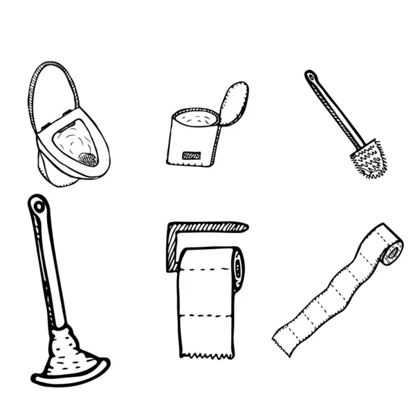 Met de hand getekende toiletpot. plugner, toiletpapier, emmer en toiletborstel pictogrammen geïsoleerd op witte achtergrond. Vector patroon achtergrond met de hand getekend doodle badkamer elementen illustratie. Overzicht — Stockvector