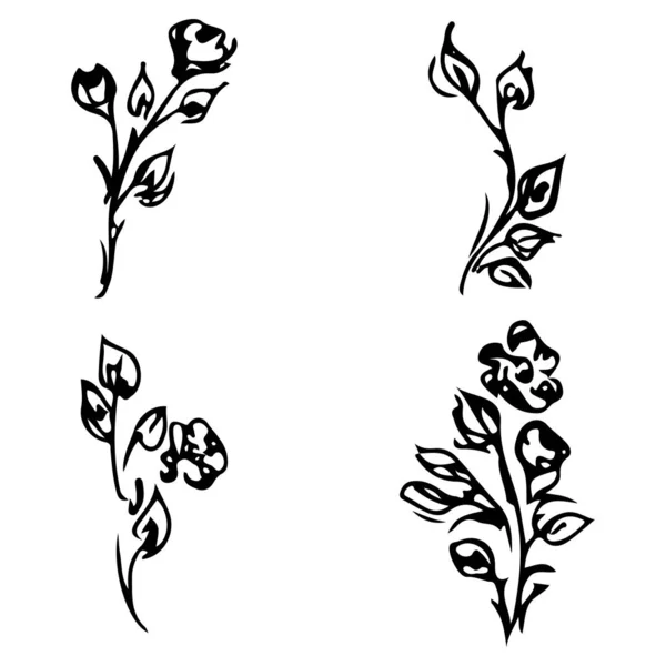 Virágok és ágak elszigetelt fehér háttér. Kézzel rajzolt firka gyűjtemény. 4 virágos grafikai elem. Nagy vektor beállítva. Vázlatos virágemblémák — Stock Vector
