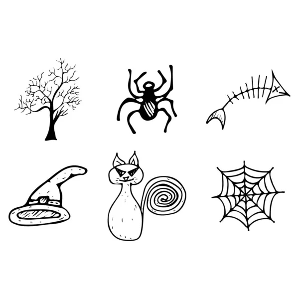 Halloween-Doodle auf weißem Hintergrund. Cartoon-Set mit schwarzen Halloween-Doodle-Elementen. Umrisse Symbolsammlung. Handgezeichnete Skizzen Magier Sammlung — Stockvektor