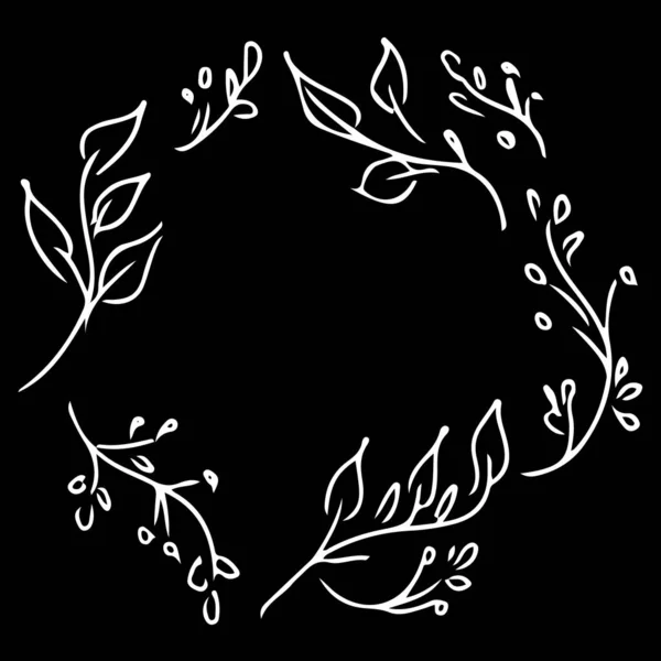 Kranz aus abstrakten Blumen und Zweigen isoliert auf schwarzem Hintergrund. Gestaltungselemente für Einladungen, Grußkarten. handgezeichnete Vektorillustration. Linienkunst — Stockvektor