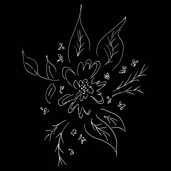 Abstraktní volně stojící květiny izolované na černém pozadí. Ručně kreslená vektorová ilustrace. Ikona osnovy — Stockový vektor