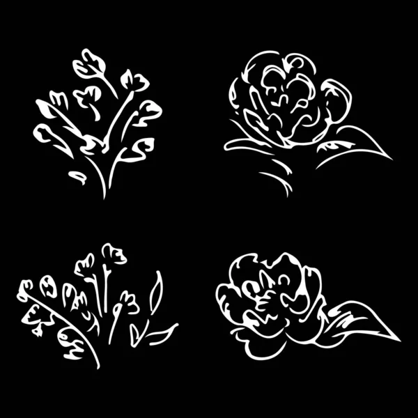 Peonías y rosas abstractas aisladas sobre fondo negro. Colección floral dibujada a mano. 4 elementos gráficos florales. Gran conjunto de vectores. Iconos de esquema — Archivo Imágenes Vectoriales