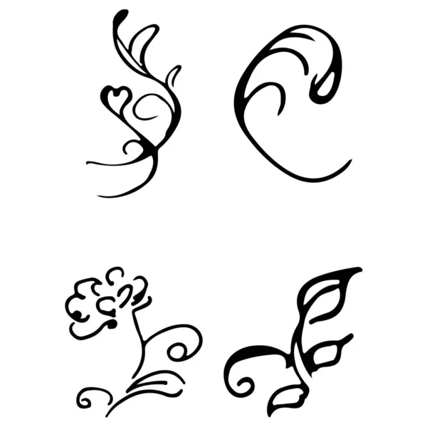 Blommor och grenar handritade doodle samling isolerad på vit bakgrund. 4 blommiga grafiska element. Stor vektor inställd. Insamling av utkast — Stock vektor