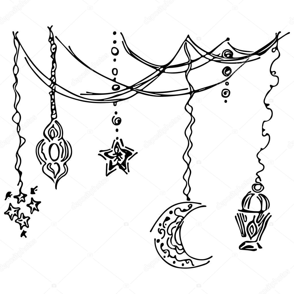 Ramadan kareem icon set sketch outline doodle style isolated on white background. Muslim holiday collection