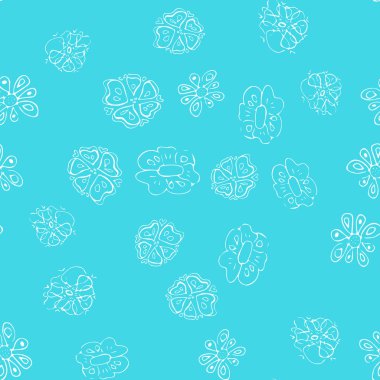 Mavi arkaplandaki çizgili karalamalı çiçekler sanat tarzında. Çiçeksiz desenli taslak. Basit, şirin bir tasarım. El çizimi tarzı. Vektör illüstrasyon sanatı