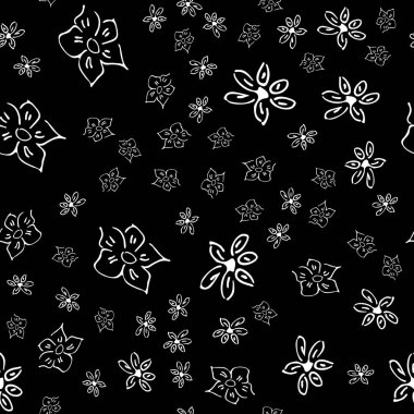 Papatya çayı vektörü çizim tarzında kusursuz desen. Kusursuz çiçek deseni. Vektör çiçek izi. Soyut çiçek deseni. Modern tasarım. El çizimi resimleme siyah arkaplanda izole edildi