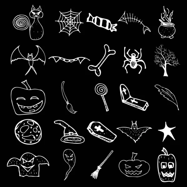 Halloween doodle set geïsoleerd op zwarte achtergrond. Cartoon set met zwarte Halloween doodle elementen. Outline symbool collectie. Handgetekende schets tovenaar collectie — Stockvector