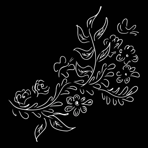 손으로 추상적 인 윤곽을 그려 보았습니다. 장미나 향기 로운 꽃들이 검은 색 배경에 고립되어 있습니다. 여러분의 결혼 초대장이나 인사장을 위한 꽃 디자인의 요소들 입니다. 손으로 그린 벡터 일러스트 — 스톡 벡터