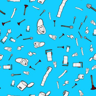 Kusursuz klozet, kapak, tuvalet kağıdı, kova ve tuvalet fırçası simgeleri mavi arka planda izole edilmiş. Elle çizilmiş banyo elementleriyle vektörsüz desen