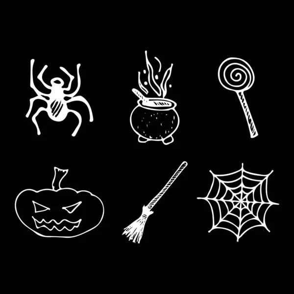 Halloween doodle set geïsoleerd op zwarte achtergrond. Cartoon set met zwarte Halloween doodle elementen. Outline symbool collectie. Handgetekende schets tovenaar collectie — Stockvector