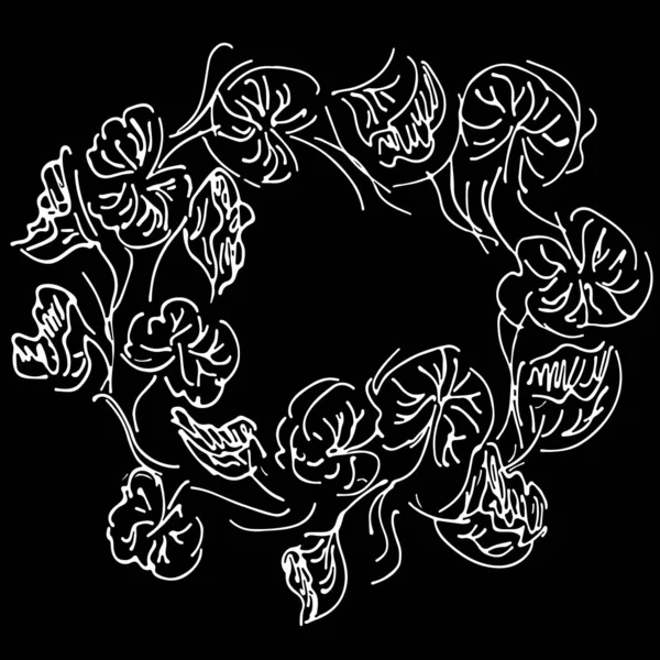 抽象的な手描きの蓮の葉のリース黒の背景に隔離されます。ウェディング招待カード、化粧品、香水、美容室のためのエキゾチックな植物デザインベクトル要素。概要 — ストックベクタ