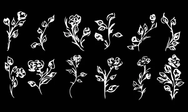 Blumen und Zweige isoliert auf schwarzem Hintergrund. handgezeichnete Doodle-Sammlung. 12 florale grafische Elemente. großen Vektorsatz. Umrisse gesetzt — Stockvektor
