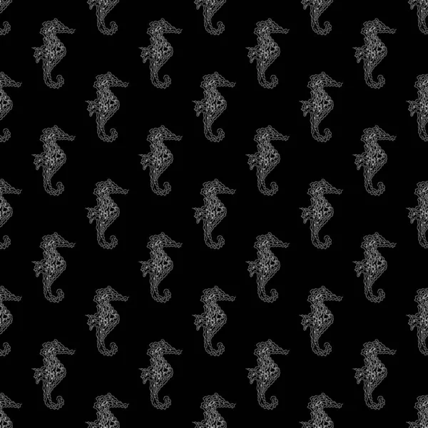 Patrón inconsútil de caballitos de mar aislados sobre fondo negro. Ilustración sin costura dibujada a mano. Esquema — Vector de stock