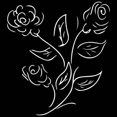 Siyah arka planda soyut çizilmiş gül çiçeği. Gül çiçeği vektör ana hatları simgesi. Satır sanatı