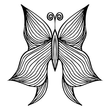 Beyaz arka planda el çizimi kelebeğin soyut çizimi. Mürekkep çizimi, grafik tarzı. Taslak çizimi