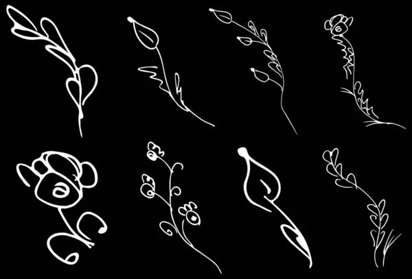 Blumen und Zweige handgezeichnete Sammlung isoliert auf schwarzem Hintergrund. Florale grafische Elemente großer Vektorsatz. Doodle — Stockvektor