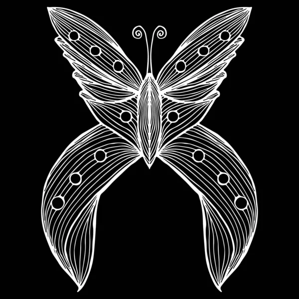 Abstrakcyjna ilustracja wektora ręcznie rysowanego motyla odizolowanego na czarnym tle. Rysunek tuszem, styl graficzny. Zarys szkicu — Wektor stockowy