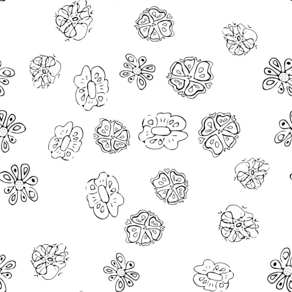 Outline doodle seamless flowers in line art style on white background. Outline floral seamless pattern. Cute simple design. Hand drawn style pattern. Vector illustration art