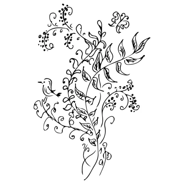 Linjär ikon med svarta blommor kontur hand på vit bakgrund. Vektorskiss. Logotypkonstruktion. Söt handritad illustration. Blomstermönster. Vit bakgrund isolerad — Stock vektor