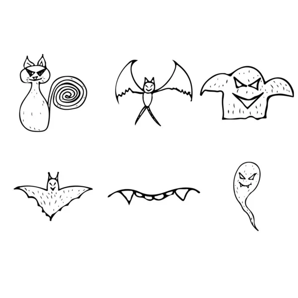 Halloween doodle set geïsoleerd op witte achtergrond. Cartoon set met zwarte Halloween doodle elementen. Outline symbool collectie. Handgetekende schets tovenaar collectie — Stockvector