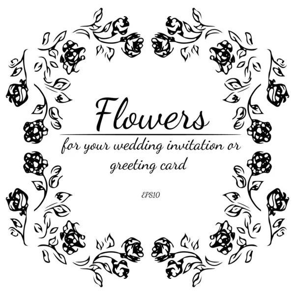 Στεφάνι από τριαντάφυλλα ή παιώνιες λουλούδια και κλαδιά που απομονώνονται σε λευκό φόντο. Foral πλαίσιο στοιχεία σχεδιασμού για προσκλήσεις, ευχετήριες κάρτες, αφίσες. Χειροποίητη διανυσματική απεικόνιση. Γραμμική τέχνη. Σκίτσο — Διανυσματικό Αρχείο