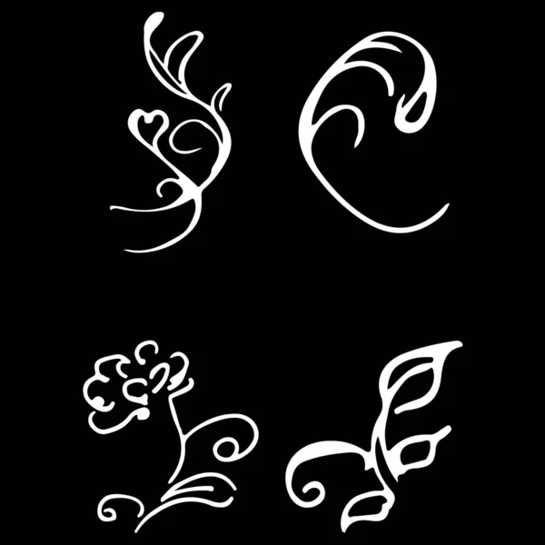 Flowers and branches hand drawn doodle collection isolated on black background. 4 floral graphic elements. Big vector set. Outline collection — Stock Vector