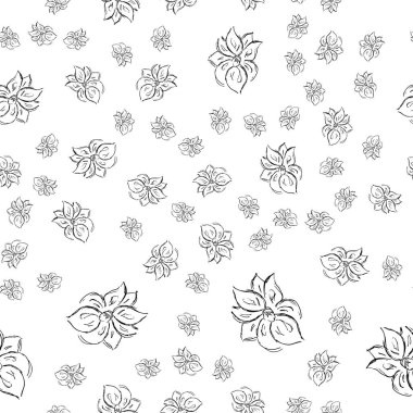 Beyaz arka planda soyut gül çiçeklerinin kusursuz el çizimi deseni. Vektör çiçek çizimi. Çiçeksiz desenli taslak. Özet