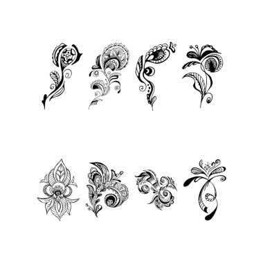 Bir dizi tropik yaz çiçeği. Bitkisel çiçek seti siyah arka planda izole edilmiş. El çizimi vektör koleksiyonu. Botanik Hawaii doğası. Tropik avuç içi ikonu. Hawaii vektör dövmesi çizimi