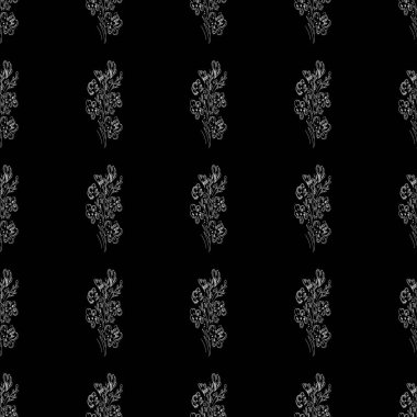 Parmak izi tasarımı için siyah arka planda kır çiçekleriyle kusursuz desen. Yazdır, tasarım elemanı. Kusursuz çiçek deseni. Moda vektör illüstrasyonu. Yaz arkaplanı