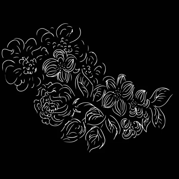 Векторный ручной рисунок тропических листьев и цветов, выделенных на черном фоне. Экзотические элементы ботанического дизайна для свадебных приглашений, косметики, спа, парфюмерии, салона красоты — стоковый вектор