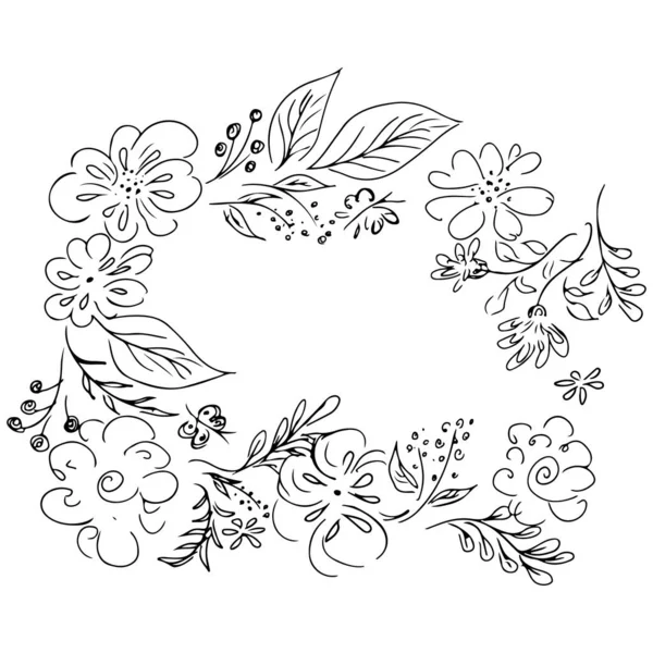 Vektor handgezeichnete Skizze mit tropischen Blättern und Blüten isoliert auf weißem Hintergrund. exotische botanische Blumenrahmen für Hochzeitseinladungskarten, Kosmetik, Wellness, Parfüm, Schönheitssalon. Linienkunst — Stockvektor