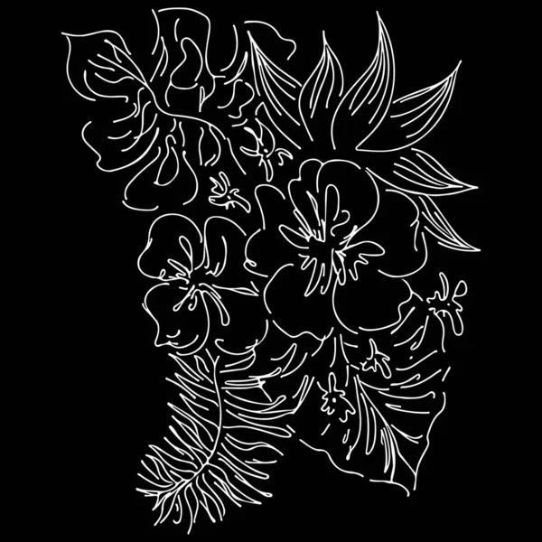 黒を基調に熱帯の葉や花を孤立させたベクトル手描きのスケッチ。ウェディング招待カード、化粧品、スパ、香水、美容室のためのエキゾチックな植物デザイン要素。概要 — ストックベクタ