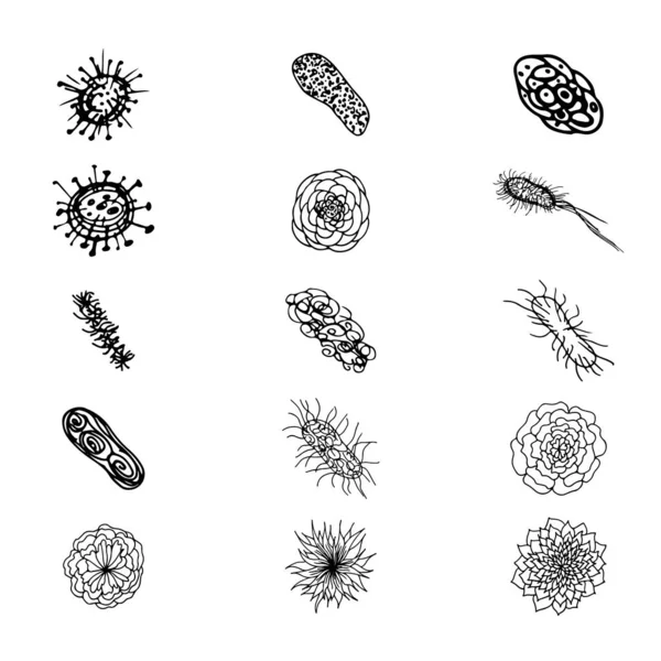 Umreißen Mikroben Vektor-Set. isolierte schwarze einfache Linienelemente aus einem medizinischen Konzept. editierbare Vektor Stroke Microbe Set. Virussymbolsammlung. handgezeichnete Illustration. Virus, Bakterien — Stockvektor