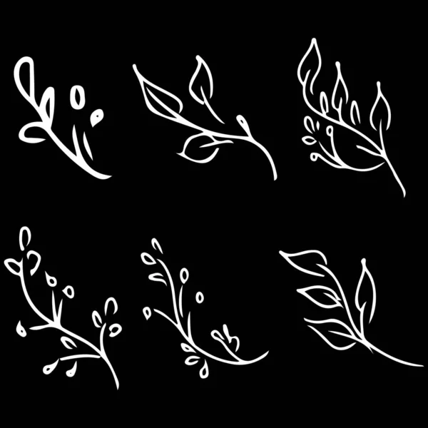 Flores y ramas aisladas sobre fondo negro. Colección de garabatos dibujada a mano. 6 elementos gráficos florales. Gran conjunto de vectores. Esquema de recogida — Vector de stock